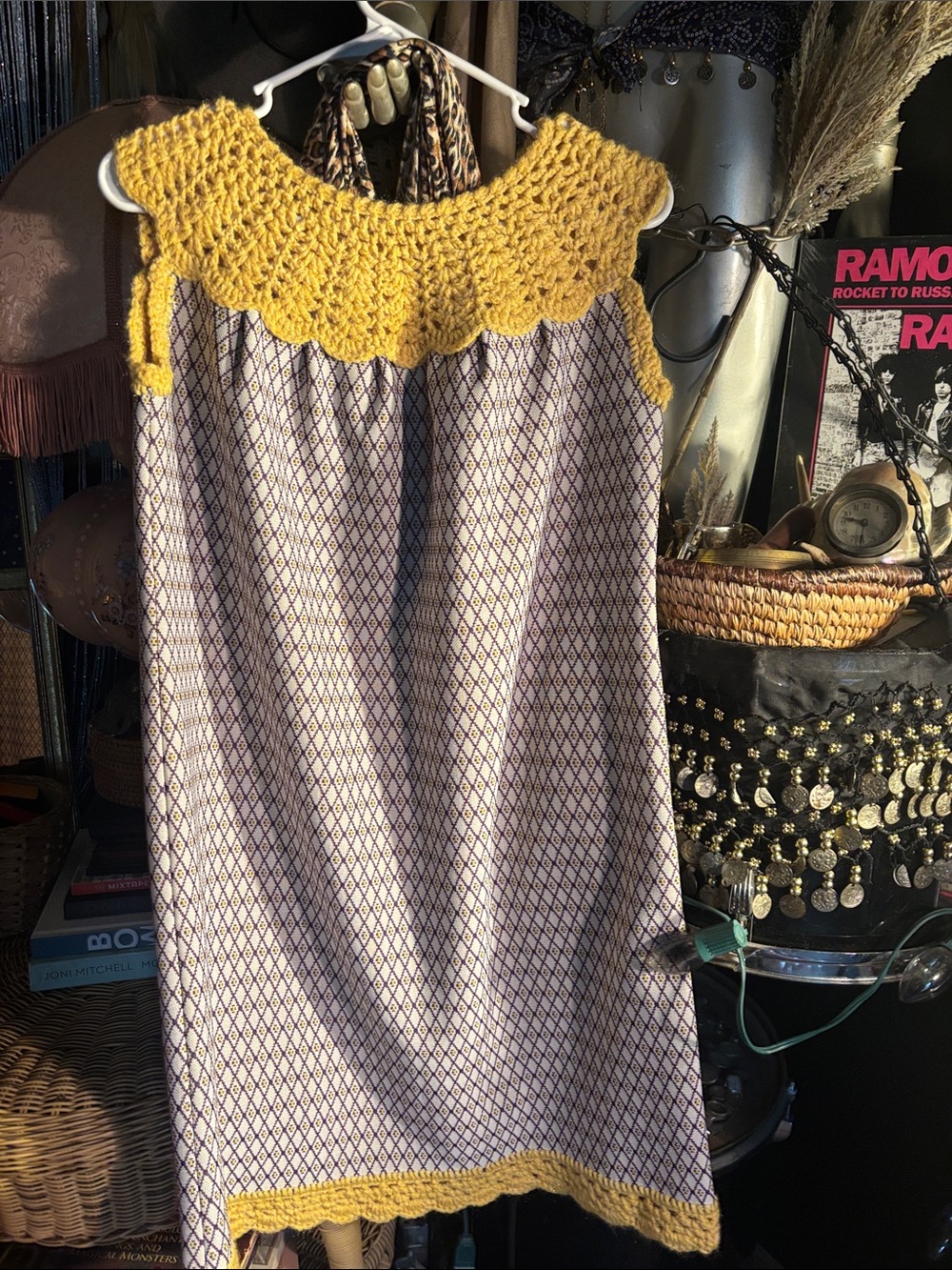 Yellow Crochet-Trim Midi Dress with Patterned Body